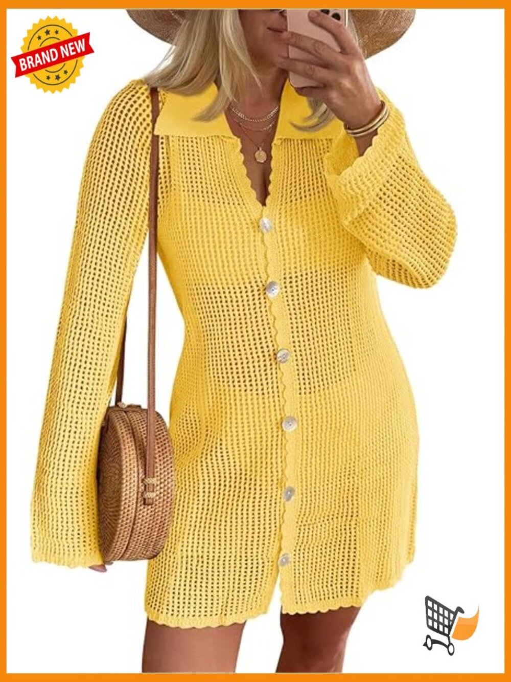 Crochet Button Down Cover Up Dress Swimsuit Beach Cardigan